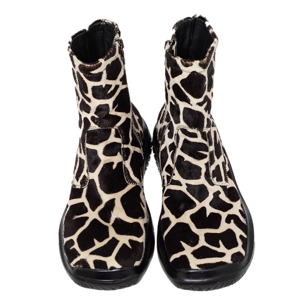 Vintage Prada Sport Brown/White Leopard Print Calf Hair mid calf boots FLAW 37.5